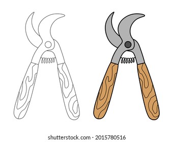 Iron pruner with a wooden handle in a simple flat graphic outline style. Linear and color illustration of hand-drawn secateur, garden scissors, equipment for cutting shoots. Isolated vector hand tool