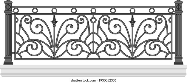 Iron railings for the city. Blacksmithing. Urban design. Balcony. Terrace. Art Deco. Isolated. White background.	