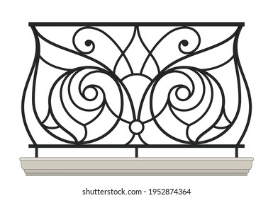 Iron railings. Forging design. Blacksmithing. Art Nouveau. Modern. Balcony. Terrace. Handrails. Elements of architecture. Isolated. Wrought iron fence. White background. Template for design. Vector. svg