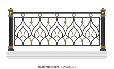 Iron railings. Forging design. Blacksmithing. Metal work. Balcony. Handrails. Gold decor. Modern architecture. Wrought iron fence. Isolated. White background. Template for design. Vector. svg