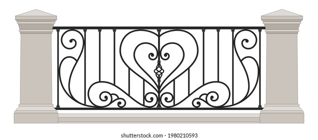 Iron railings. Luxuty forging design. Blacksmithing. Metal work. Balcony. Handrails. Elements of architecture. Wrought iron fence. Isolated. White background. Template for project. Vector.	
