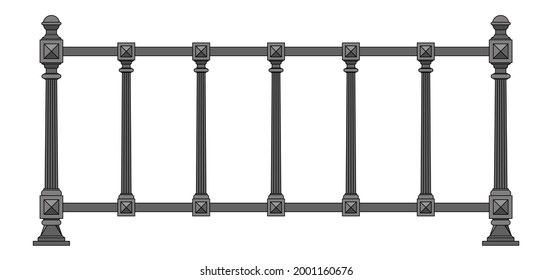 Iron railings. Metal work. Balcony. Handrails. Modern architecture. Wrought iron fence. Isolated. White background. Template for design. Vector.