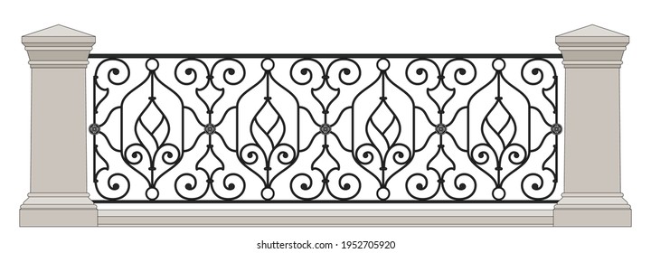 Iron railings with stone pillars. Blacksmithing. Urban design. Balcony. Terrace. Handrails. Elements of architecture. Isolated. Wrought  iron fence. White background. Template for design. Vector. svg