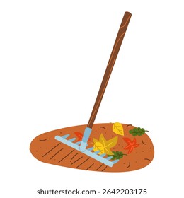 iron rake rakes fallen autumn leaves in the sand. Gardening tools. Flat color illustration. Gardening. Suitable for gardening, site maintenance, weed control, agricultural machinery and manual labor
