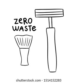 Iron razor and shaving brush. Doodle. Zero waste. Hand drawn vector illustration. 