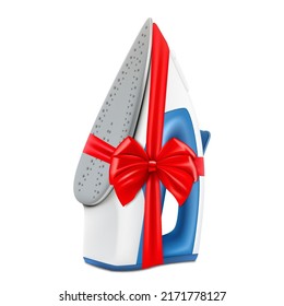 Iron with red ribbon and bow. 3D rendering. Gift concept. Realistic vector illustration isolated on white background