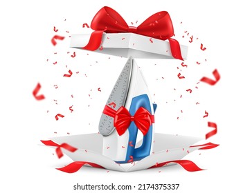 Iron with red ribbon and bow inside open gift box. 3D rendering. Gift concept. Realistic vector illustration isolated on white background