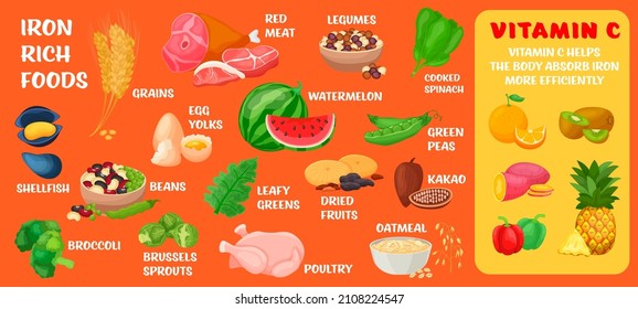 Iron rich foods and vitamin c foods for better absorption. Efficient nutrition concept. Medical infographic. Vector illustration isolated on a colorful background. Healthy food landscape poster