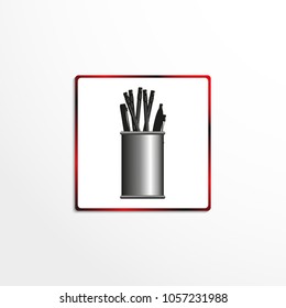 Iron round container with pencils and pens. Vector icon.
