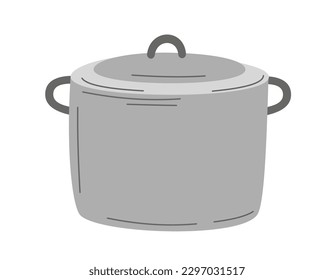 Iron saucepan sticker. Kitchen utensils cauldron for cooking soups. Element of dishes in doodle style. Colored home dinnerware icon for websites. Cartoon flat vector illustration on white background