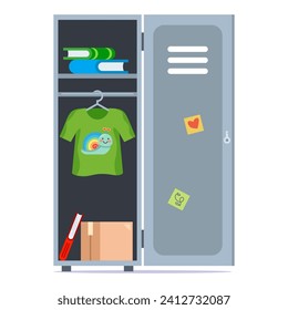 Iron school cabinet with clothes. Flat vector illustration