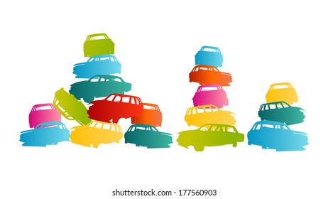 Iron scrap car junkyard vector background landscape concept