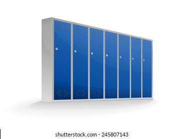 Iron shelves. Blue lockers with locks isolated on white background (vector)