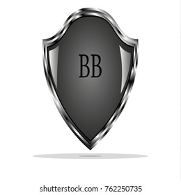 An iron shield with two highlights on the sides and an opportunity to change the inscription inside the shield is depicted. With a dark falling shadow below.