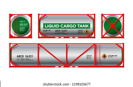 Iron Shipping Oil Gasoline Tank Containers For Logistics and Transportation. Cargo Freight Forwarding Transport. Vector illustration Side View Isolated On White Background