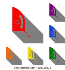 Iron sign. Set of red, orange, yellow, green, blue and violet icons at white background with flat shadow.