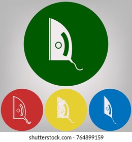 Iron sign. Vector. 4 white styles of icon at 4 colored circles on light gray background.