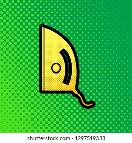 Iron sign. Vector. Pop art orange to yellow dots-gradient icon with black contour at greenish background.