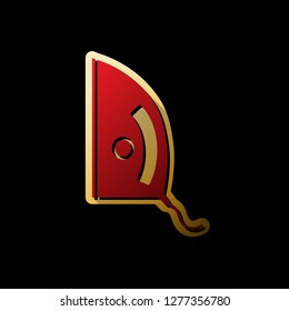 Iron sign. Vector. Red icon with small black and limitless shadows at golden sticker on black background.