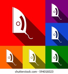 Iron sign. Vector. Set of icons with flat shadows at red, orange, yellow, green, blue and violet background.