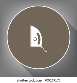 Iron sign. Vector. White icon on brown circle with white contour and long shadow at gray background. Like top view on postament.
