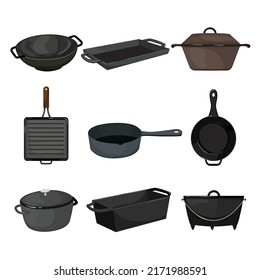 Skilettenkartoon aus Eisen. Gusspfanne, schwarze Kochgeschirr, Kochgeschirr, leere Draufsicht, Fleischgrill-Topfkohl-Skillet Vektorgrafik