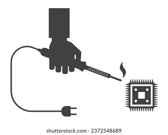 iron soldering in hand work tool with microchip icon isolated on white background