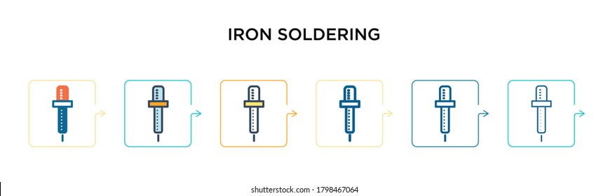 Icono vectorial de soldadura de hierro en 6 estilos modernos diferentes. Iconos de soldadura de hierro negro, de dos colores, diseñados en el estilo relleno, contorno, línea y trazo. La ilustración vectorial puede utilizarse para la web, el móvil,