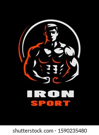 Iron sport  Bodybuilding  Athlete silhouette logo  emblem dark background 