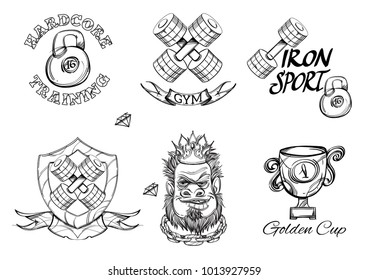 Iron sport. Set of outline vector illustrations isolated on white background for logos, emblems and other items.