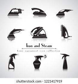 Iron And Steam Generator Icon Collection. Home Appliance. Detailed Black Vector Isolated Symbol Set.