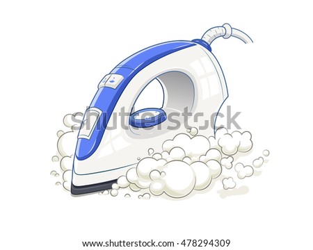 Iron with steam. Home device. Housework equipment. Domestic electric tool. Vector illustration. Isolated white background