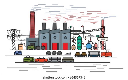 Iron and Steel Works, blast furnace. Steel and metal manufacturing. Rolled metal products. Heavy industry concept. Flat outline style, vector illustration
