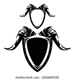 escudo heráldico de hierro con cuernos de arista para el concepto de seguridad conjunto de diseño de escudos vectores blanco y negro