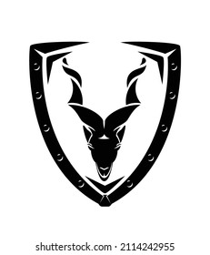 iron studded heraldic shield with screw horn mountain goat head for security concept - Pakistan markhor looking forward black and white vector coat of arms design