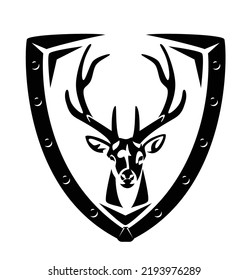 Iron Studded Heraldic Shield With Wild Stag With Large Antlers Head For Security Concept - Deer Looking Forward Black And White Vector Coat Of Arms Design