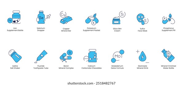 Botella de suplemento de hierro, gotero de selenio, barra mineral de cobre, paquete de suplemento de potasio, crema para la piel de sílice, máscara facial de azufre, píldora de suplemento de fósforo, coctelera de sal de yodo, conjunto de íconos de Vector de fluoruro