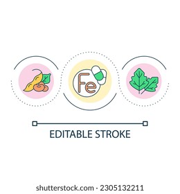 Iron supplements loop concept icon. Plant sources of Fe element abstract idea thin line illustration. Eating balanced diet. Vegetarian foods. Isolated outline drawing. Editable stroke. Arial font used