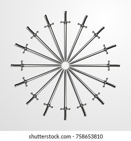 Iron swords piled in a circle. Vector illustration.