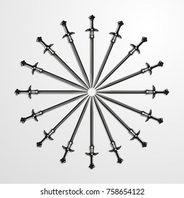 Iron swords piled in a circle. Vector illustration.