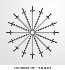 Iron swords piled in a circle. Vector illustration.