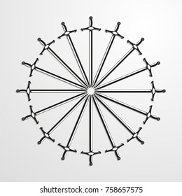 Iron swords piled in a circle. Vector illustration.