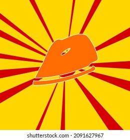 Iron symbol on a background of red flash explosion radial lines. The large orange symbol is located in the center of the sun, symbolizing the sunrise. Vector illustration on yellow background