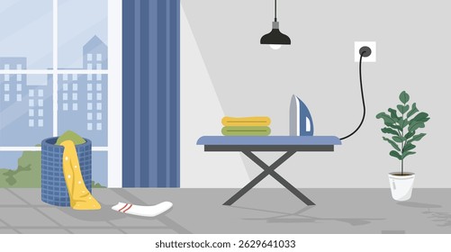 Iron table. Apartment room. Dirty clothes. Messy room. Cleaning room. 