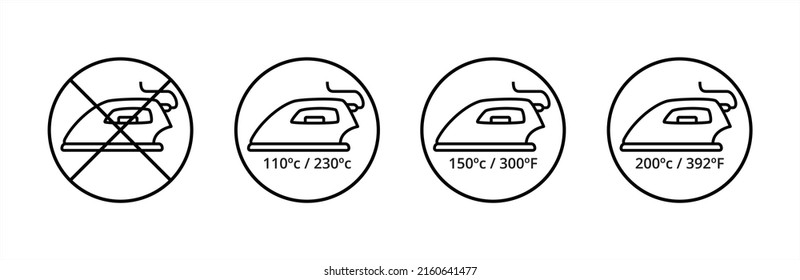 Iron temperature icon set. Clothes ironing temperatures instruction sign for label design. Flatiron heat mark in celsius and fahrenheit. Vector stock illustration.