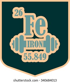 Iron text and dumbbell icon on shield sticker. Image relative for gym and bodybuilding. Remastered iron chemical element tag. Chemistry in metaphor design. Speech bubble design.