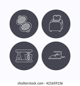 Iron, toaster and blender icons. Waffle-iron linear sign. Flat icons in circle buttons on white background. Vector