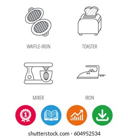 Iron, toaster and blender icons. Waffle-iron linear sign. Award medal, growth chart and opened book web icons. Download arrow. Vector