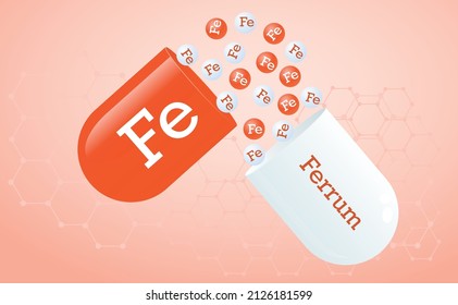 Iron, trace element. Capsule with Fe element icon. Healing minerals. Medical background honeycomb grid of hexagons in red. Poster. Vector illustration