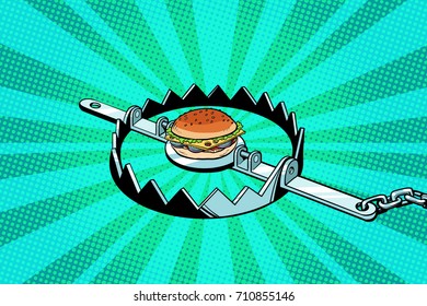 Iron trap with the Burger. concept of hunger and diet. Pop art retro vector illustration